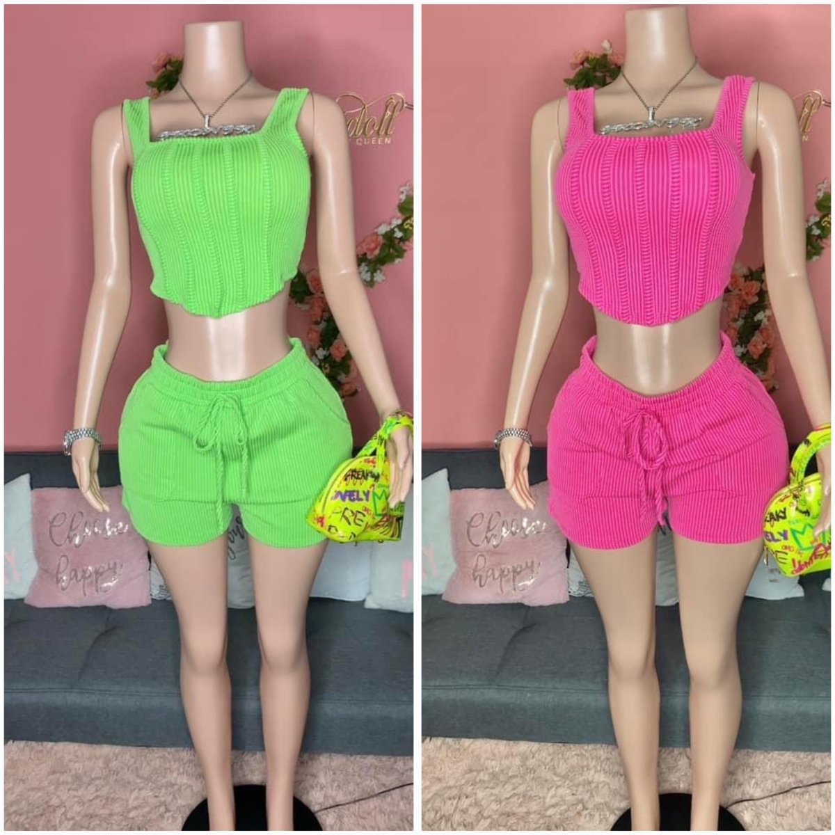 We Outside Tonight Neon Ribbed Corset Short Set Lime Green and Pink - Ikonik Idoll