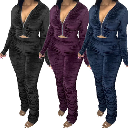 Crushed Velvet Stacked 2 pc Jogging Sets MEDIUM