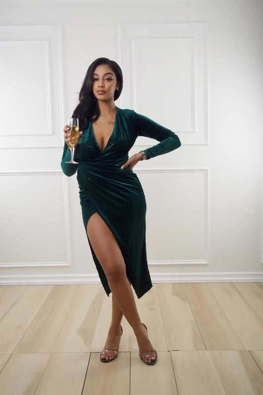 Emerald Green Velvet Midi Dress - Ikonik Idoll