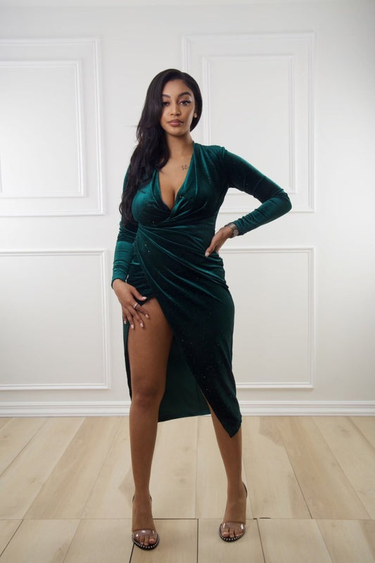 Emerald Green Velvet Midi Dress - Ikonik Idoll